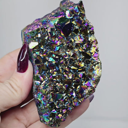 11.4oz Rainbow Aura Amethyst Electroplated Druzy Cluster II | Natural Crystal Raw Flat Bottom Stone