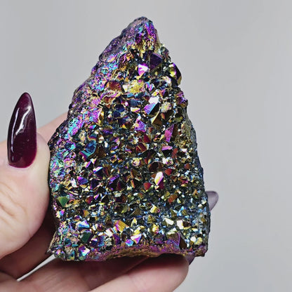 8oz Rainbow Aura Amethyst Electroplated Druzy Cluster I | Natural Crystal Raw Flat Bottom Stone