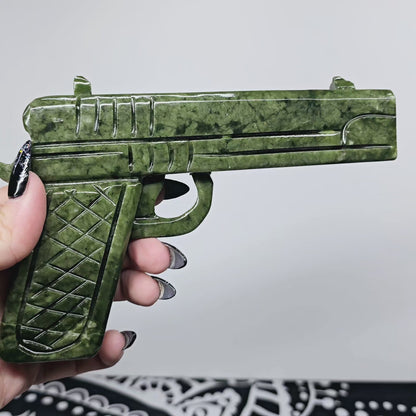 1.1lb Nephrite Green Jade Hand Carved Crystal Pistol Side Arm | Natural Crystal Carved & Polished Stone