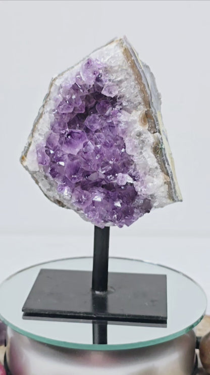 1lb Amethyst Natural Druzy on Metal Rod Stand VIII | Natural Crystal Polished Edge & Raw Stone