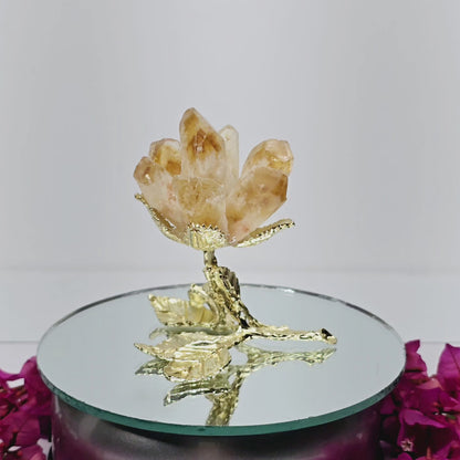 Crystal Raw Tooth Flower with Goldish Leaf Stem | Various Material | Unique Valentine's Anniversary Metaphysical Healing Love Gift