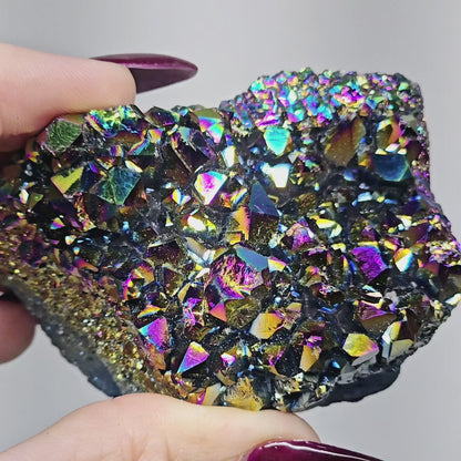 8.4oz Rainbow Aura Amethyst Electroplated Druzy Cluster III | Natural Crystal Raw Flat Bottom Stone