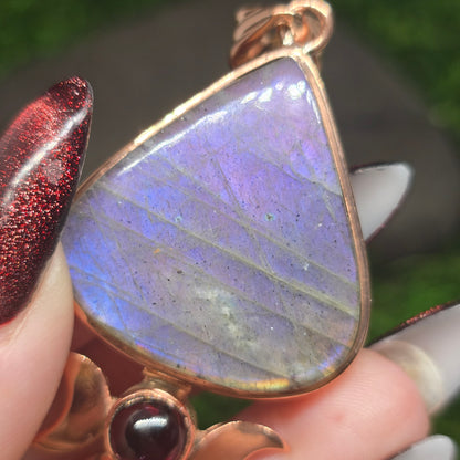 Clear Quartz w/ Triple Moon Garnet & Purple labradorite Copper Necklace