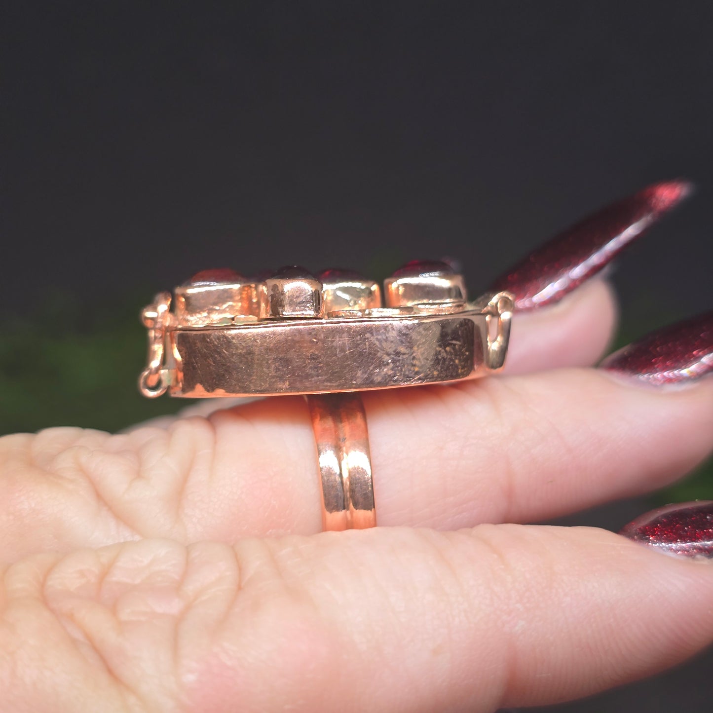 Garnet Cross Poison Box Copper Ring sz7