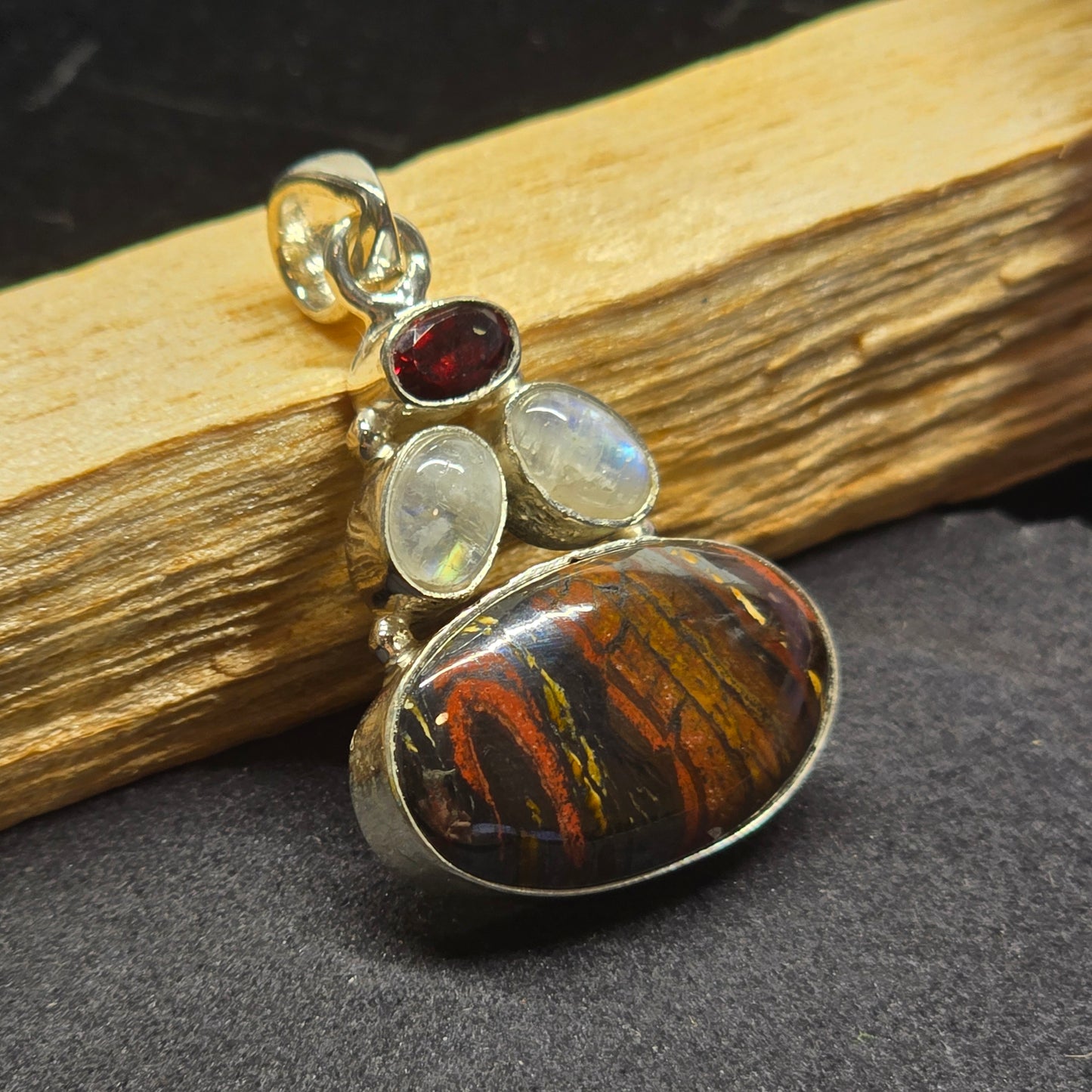 Red Tiger’s Eye, Moonstone & Garnet Pendant | Alloy Setting