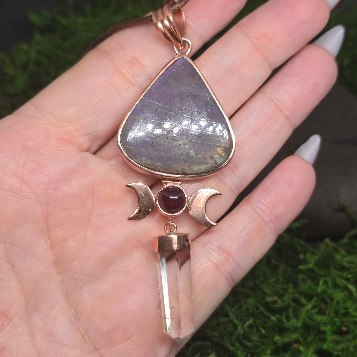 Clear Quartz w/ Triple Moon Garnet & Purple labradorite Copper Necklace