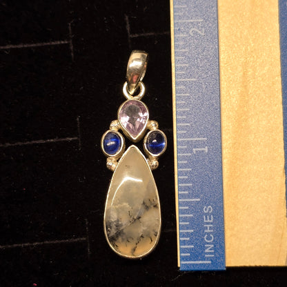 Dendritic Agate, Tanzanite & Amethyst Pendant | Alloy Setting