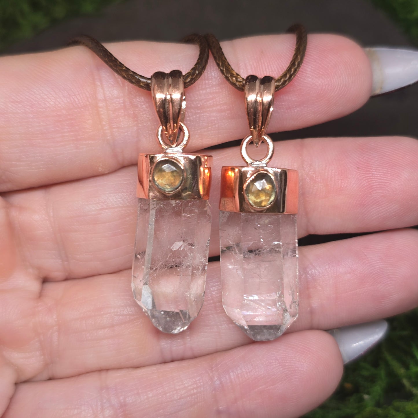 Moldavite & Clear Quartz Point Copper Pendant Necklace