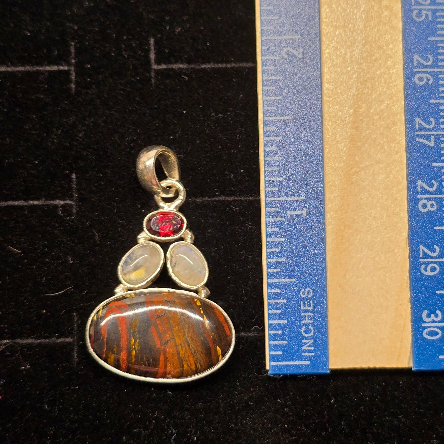 Red Tiger’s Eye, Moonstone & Garnet Pendant | Alloy Setting