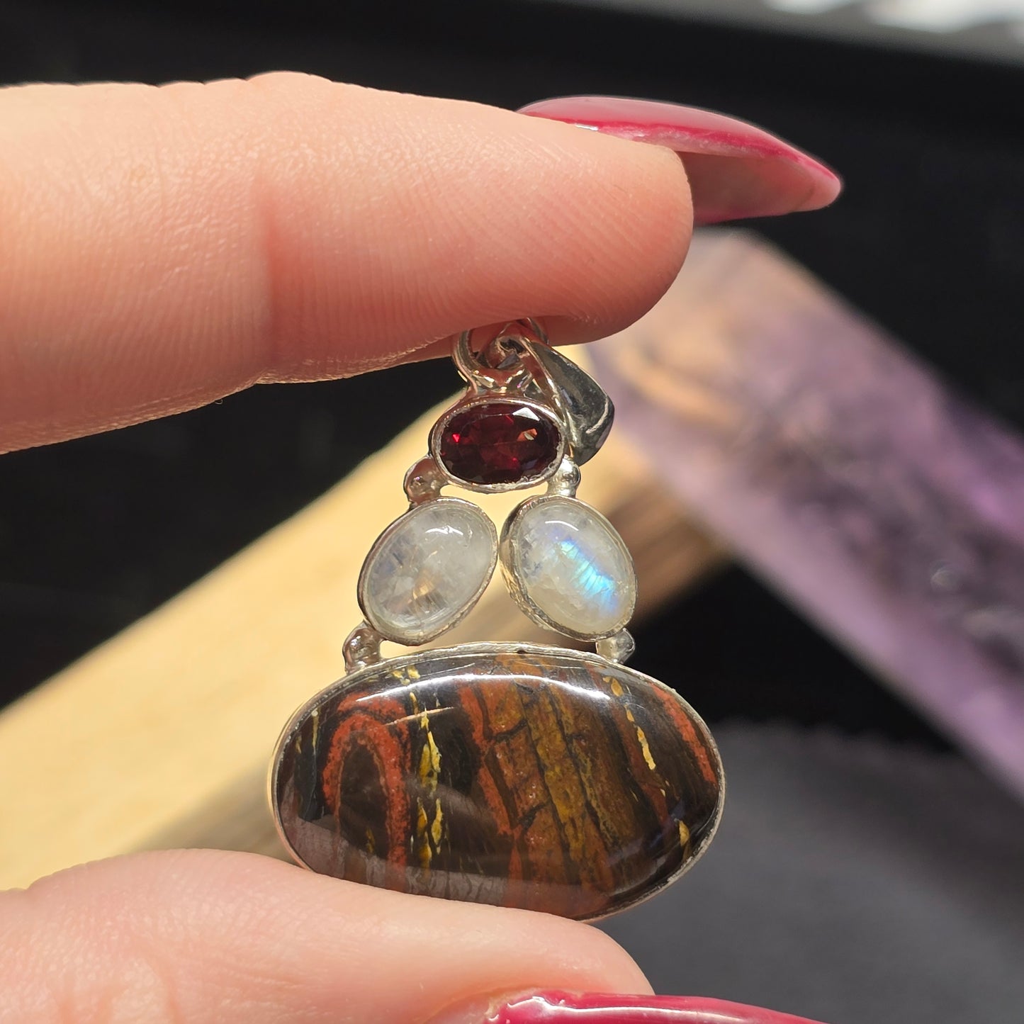 Red Tiger’s Eye, Moonstone & Garnet Pendant | Alloy Setting
