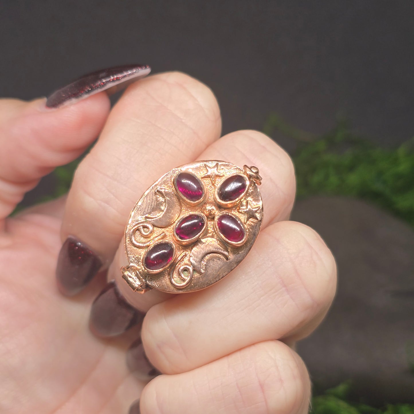 Garnet Cross Poison Box Copper Ring sz7