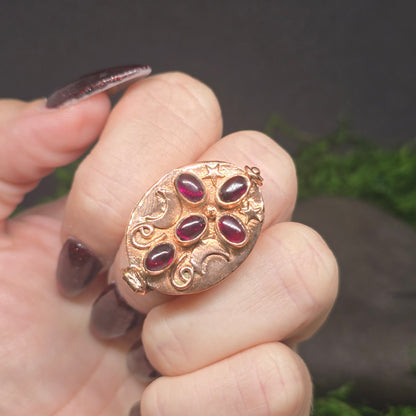 Garnet Cross Poison Box Copper Ring sz7
