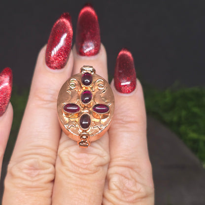 Garnet Cross Poison Box Copper Ring sz7