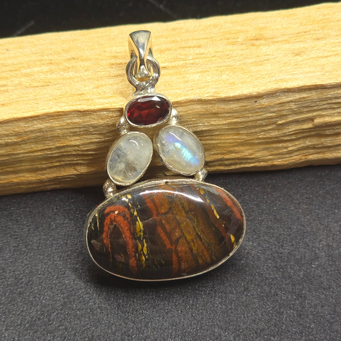 Red Tiger’s Eye, Moonstone & Garnet Pendant | Alloy Setting