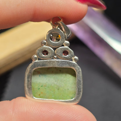 Moss Plume Agate, Garnet & Citrine Pendant | Alloy Setting