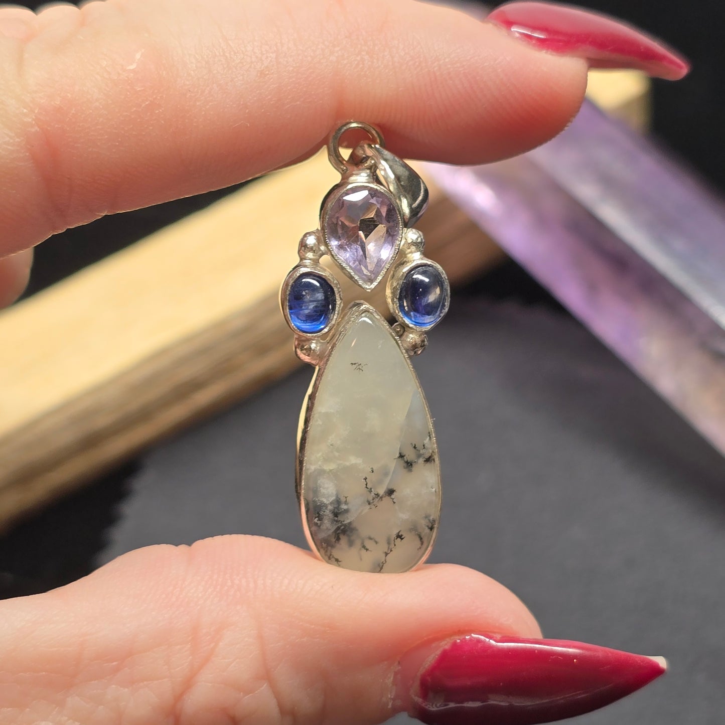 Dendritic Agate, Tanzanite & Amethyst Pendant | Alloy Setting
