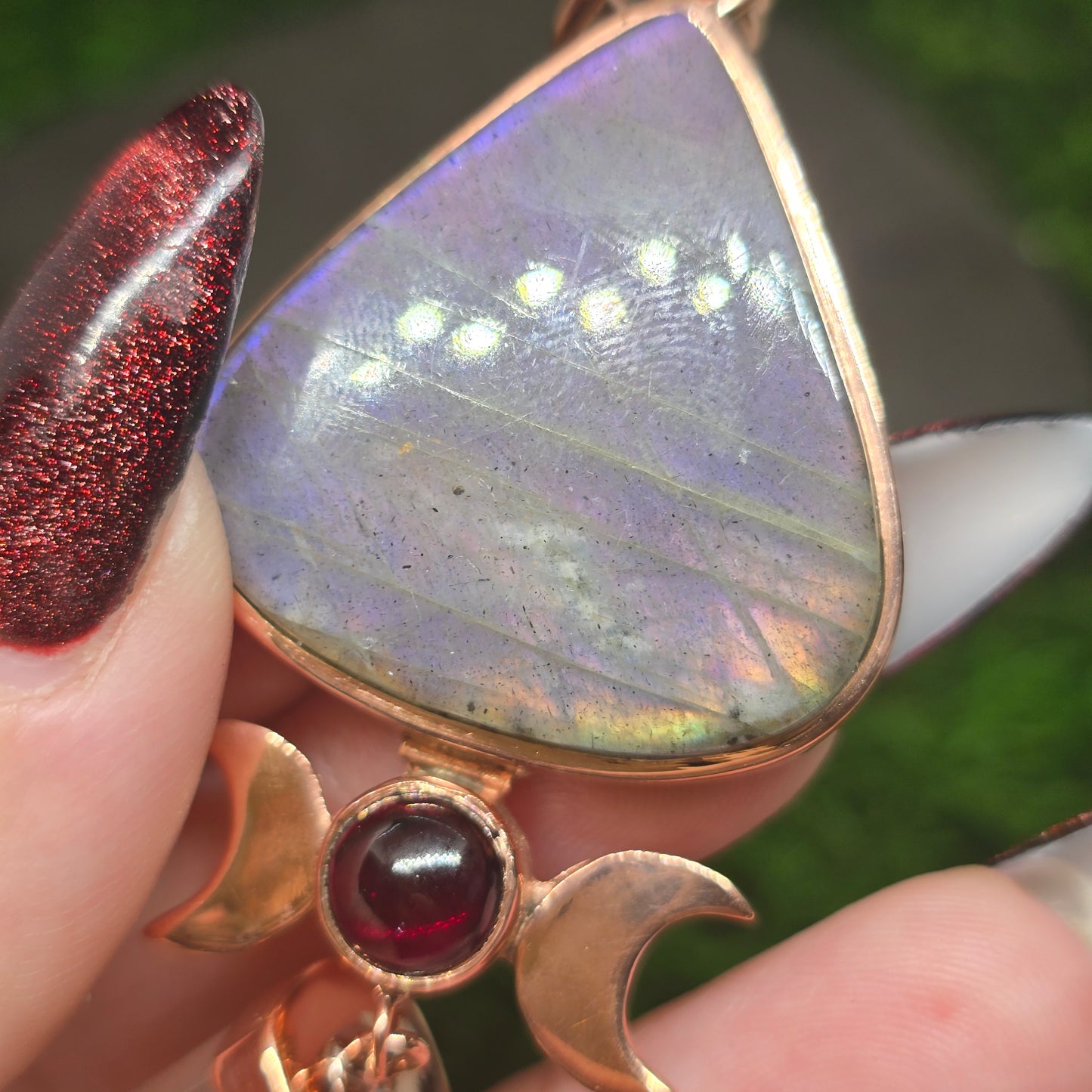 Clear Quartz w/ Triple Moon Garnet & Purple labradorite Copper Necklace