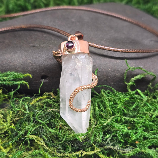 Clear Quartz w/ Garnet Copper Snake Necklace II