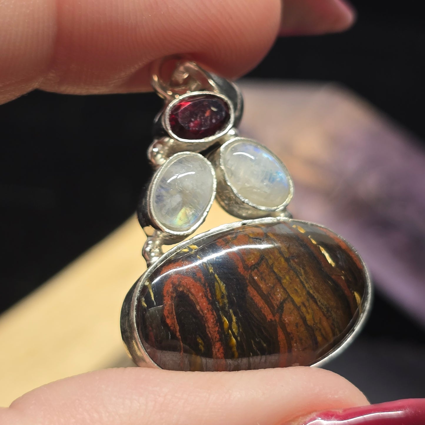 Red Tiger’s Eye, Moonstone & Garnet Pendant | Alloy Setting