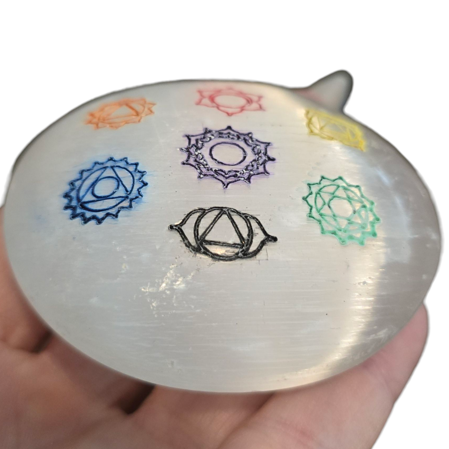 Satin Spar Selenite Chakra Palm Stone (2.75")
