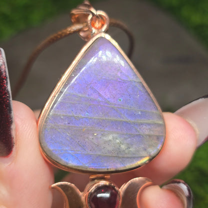 Clear Quartz w/ Triple Moon Garnet & Purple labradorite Copper Necklace