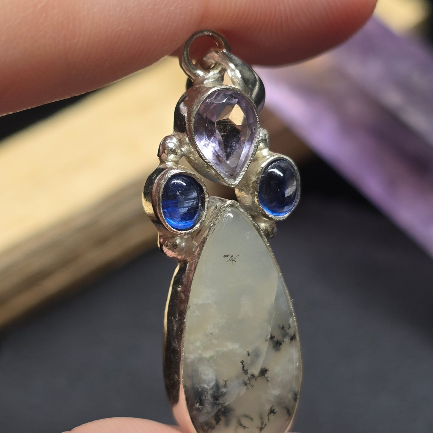 Dendritic Agate, Tanzanite & Amethyst Pendant | Alloy Setting