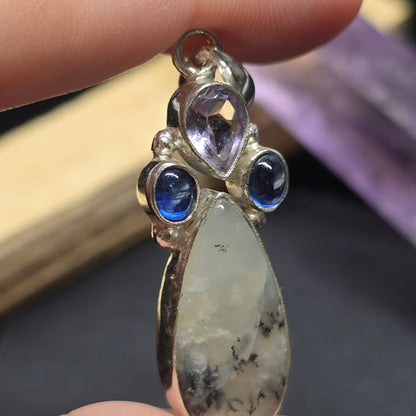 Dendritic Agate, Tanzanite & Amethyst Pendant | Alloy Setting
