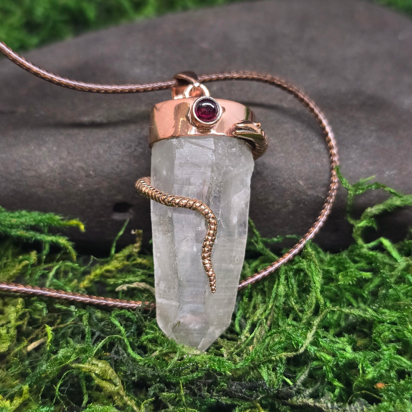 Clear Quartz w/ Garnet Copper Snake Necklace