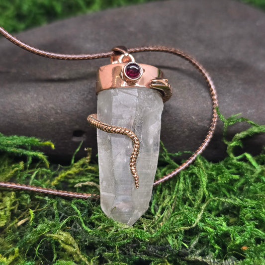Clear Quartz w/ Garnet Copper Snake Necklace