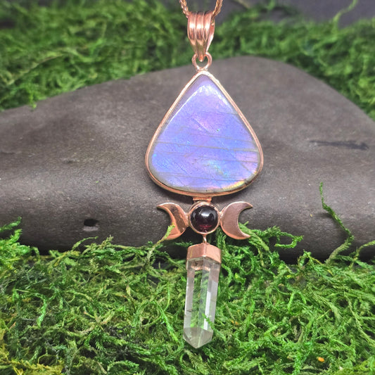Clear Quartz w/ Triple Moon Garnet & Purple labradorite Copper Necklace