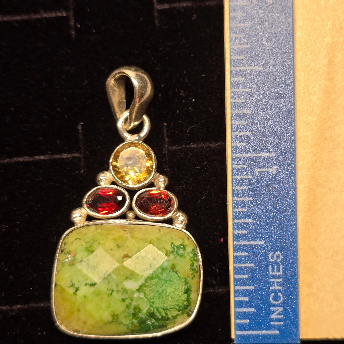 Moss Plume Agate, Garnet & Citrine Pendant | Alloy Setting