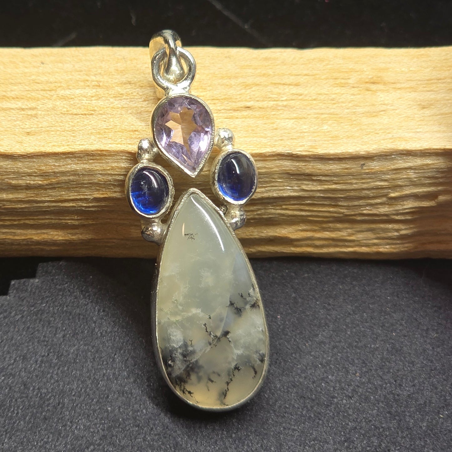 Dendritic Agate, Tanzanite & Amethyst Pendant | Alloy Setting
