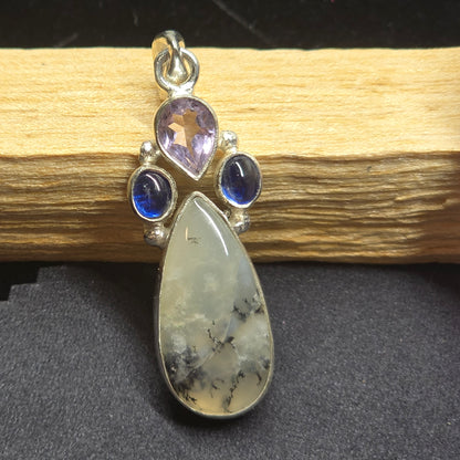Dendritic Agate, Tanzanite & Amethyst Pendant | Alloy Setting