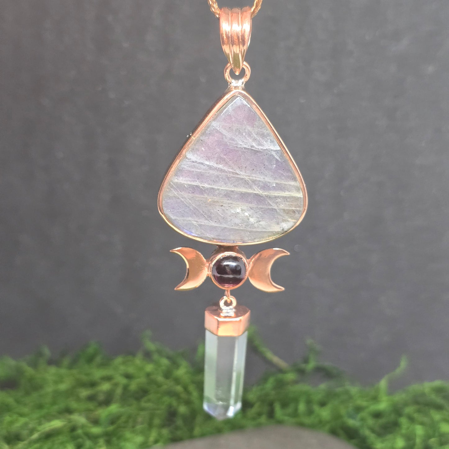 Clear Quartz w/ Triple Moon Garnet & Purple labradorite Copper Necklace