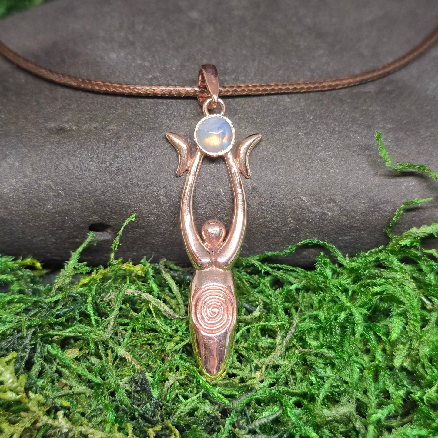 Crystal Triple Moon Copper Spiral Goddess Necklace