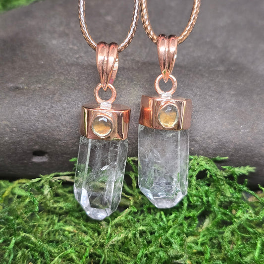 Moldavite & Clear Quartz Point Copper Pendant Necklace