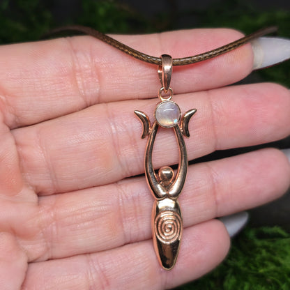 Crystal Triple Moon Copper Spiral Goddess Necklace