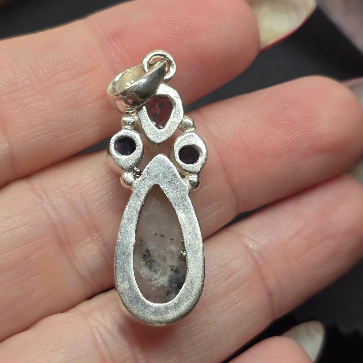 Dendritic Agate, Tanzanite & Amethyst Pendant | Alloy Setting