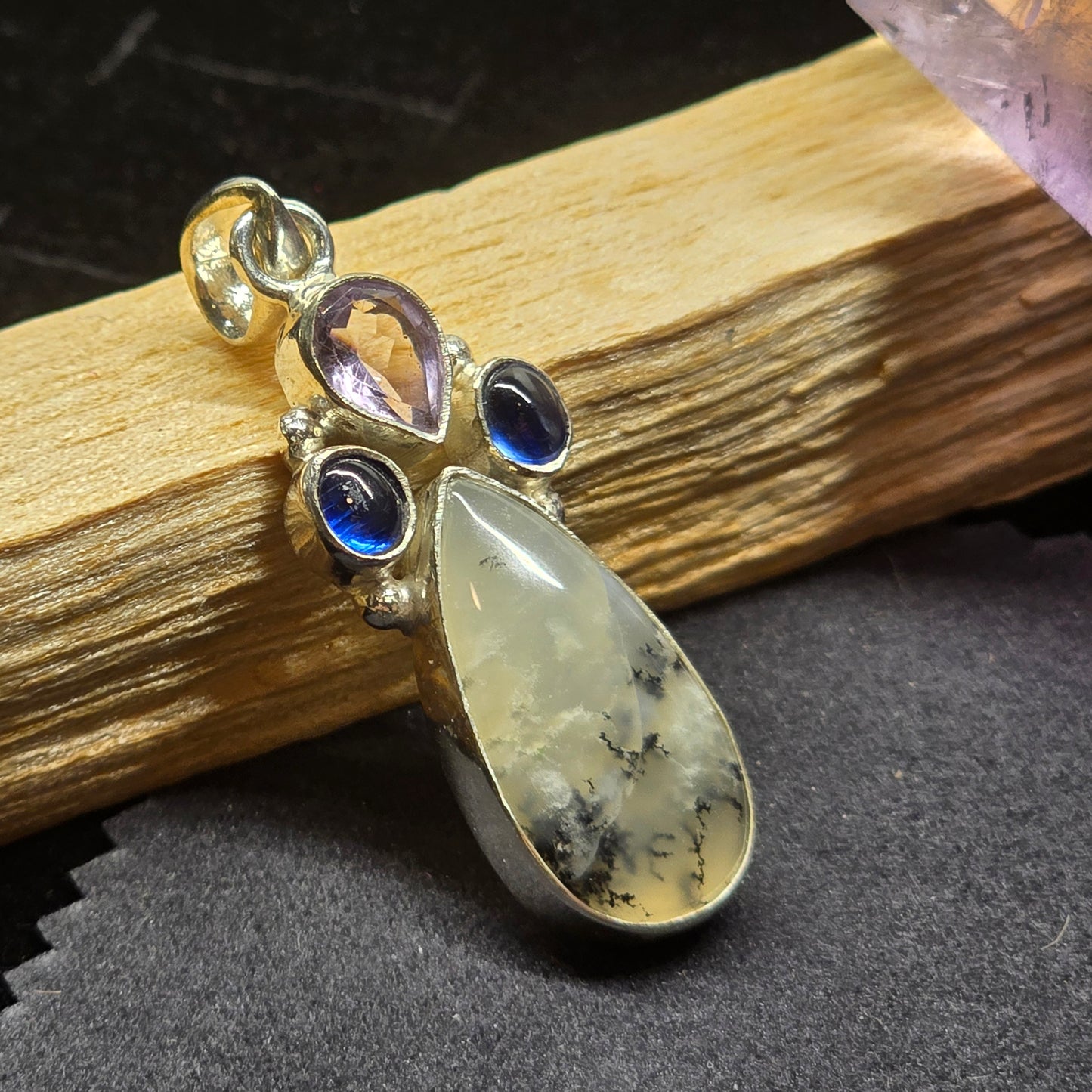 Dendritic Agate, Tanzanite & Amethyst Pendant | Alloy Setting