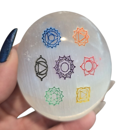 Satin Spar Selenite Chakra Palm Stone (2.75")