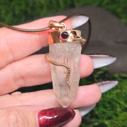Clear Quartz w/ Garnet Copper Snake Necklace