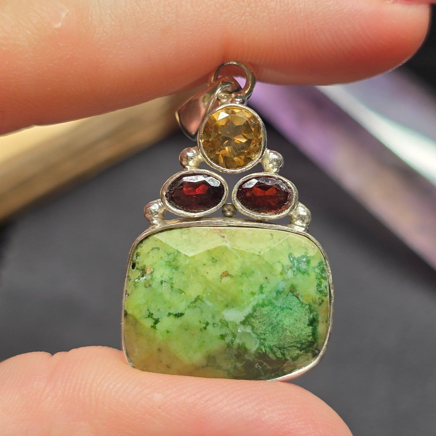 Moss Plume Agate, Garnet & Citrine Pendant | Alloy Setting