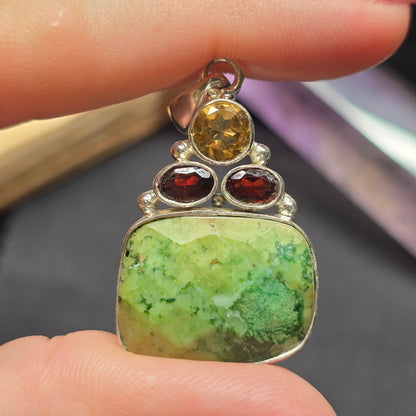 Moss Plume Agate, Garnet & Citrine Pendant | Alloy Setting