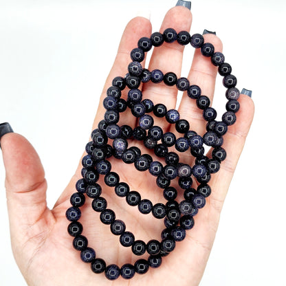 Blue Sandstone "Goldstone" Elastic Bead Bracelet