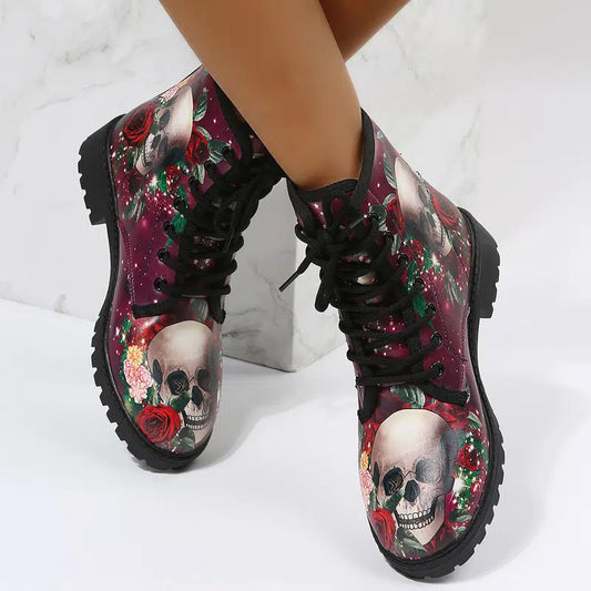 Women's Skull & Roses Print Lace-up Ankle Boots