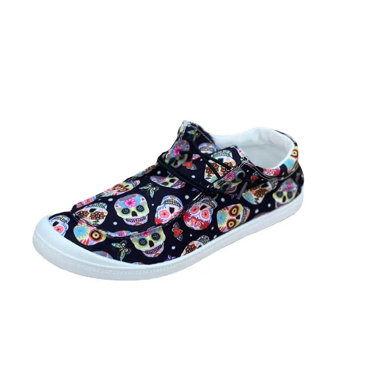Woman's Colorful Skull Print Canvas Shoes