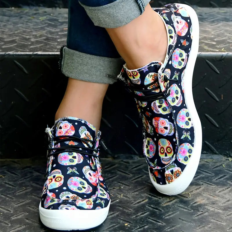 Woman's Colorful Skull Print Canvas Shoes