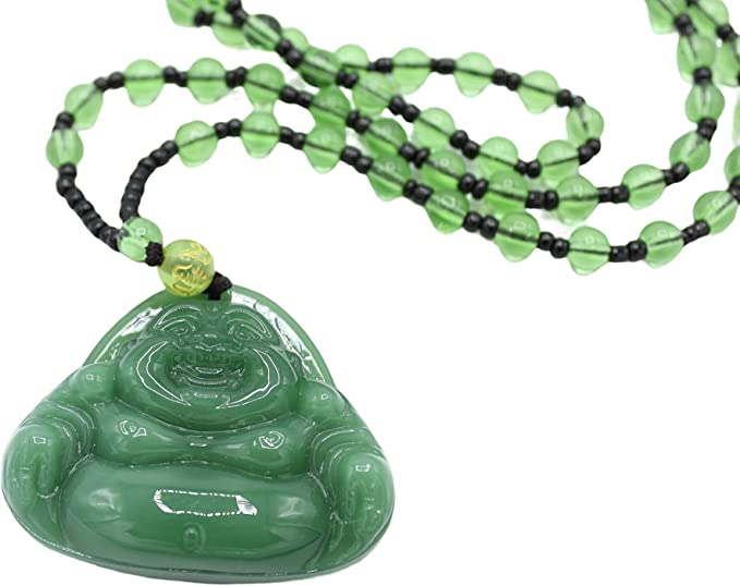 Green Jade Happy Buddha Pendant Beaded Necklace