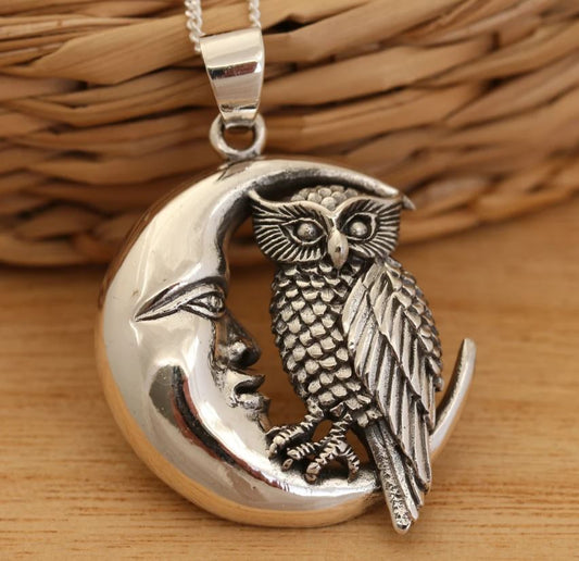 Owl w/ Crescent Moon 925 Pendant Necklace