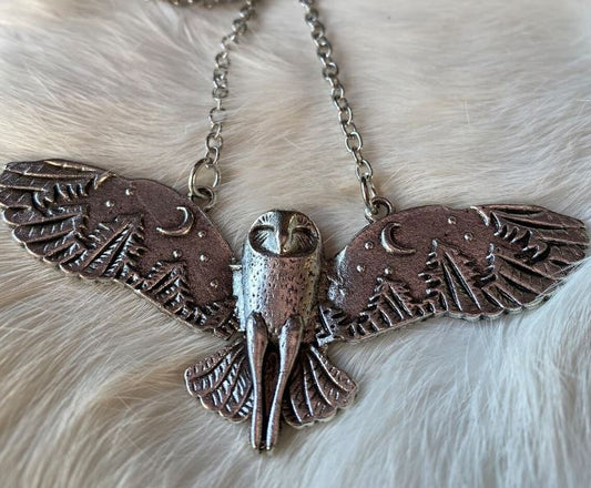 Owl w/ Forest Wing Pendant Necklace